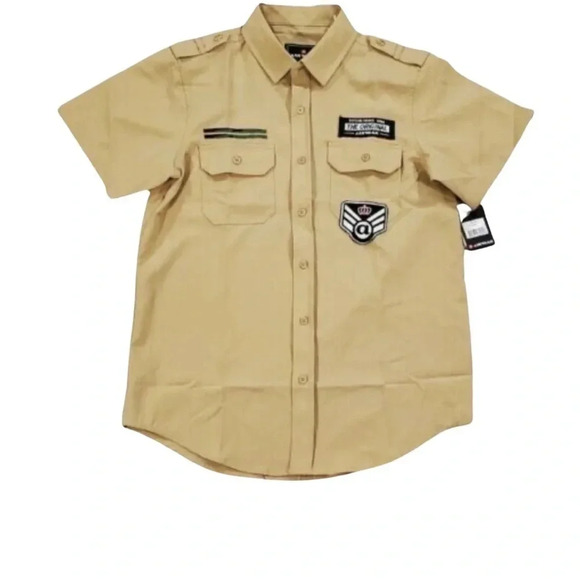 Airwalk Size Small Khaki Patches Embroidered Button Down Men’s Shirt. New - Picture 1 of 8